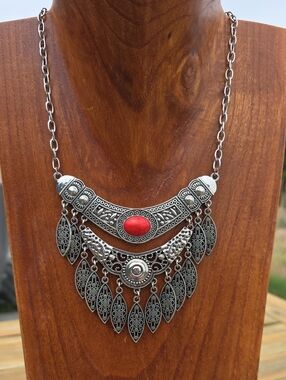 paparazzi Silver-Tone Boho Necklace with Red Accent
